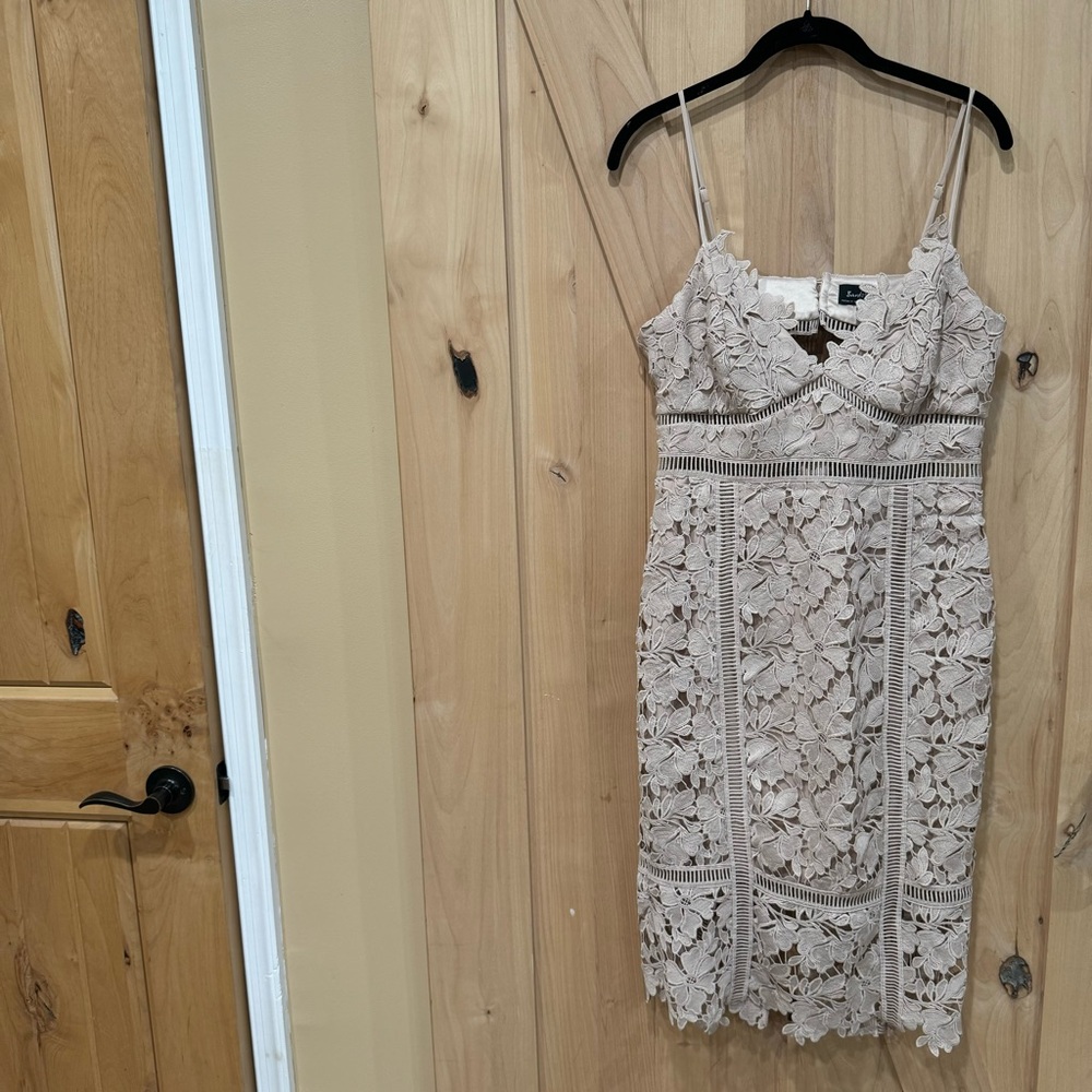 Bardot Botanica Lace Midi Dress Size 8 Nude Beige Floral Overlay Ladder Lace - Picture 16 of 16